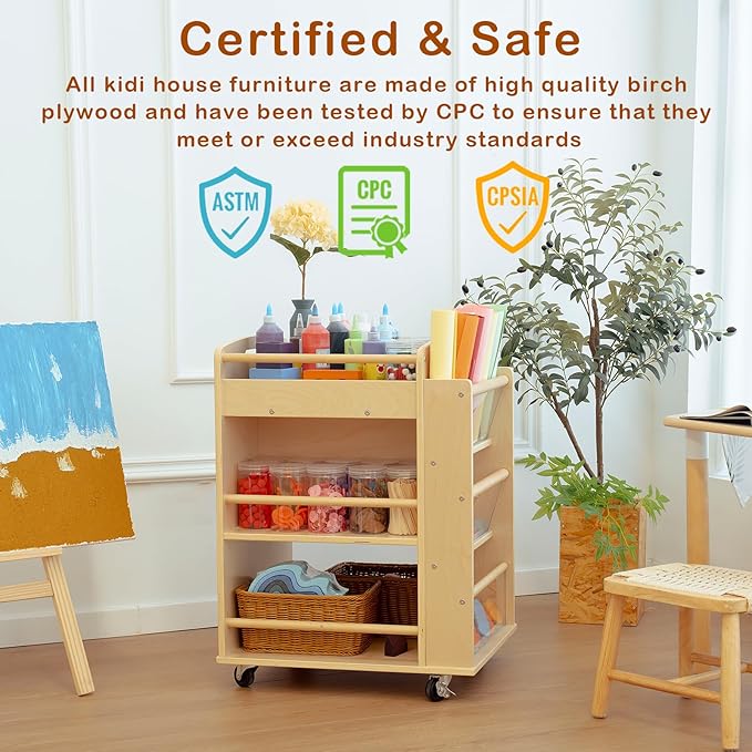 Art Activity Cart Wooden Rolling Utility Cart with Wheels 3-Tier Art Cart Organizer for Kids Multi-Functional Movable Birch Storage Cart Art and Crafts Supply Shelf Montessori Furniture