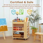 Art Activity Cart Wooden Rolling Utility Cart with Wheels 3-Tier Art Cart Organizer for Kids Multi-Functional Movable Birch Storage Cart Art and Crafts Supply Shelf Montessori Furniture