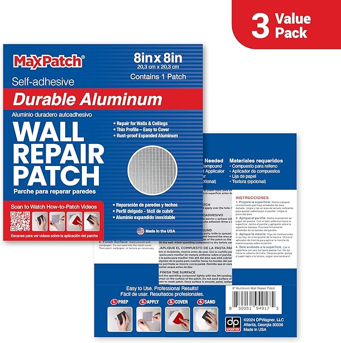 MaxPatch® 8 in. x 8 in. Aluminum Self-Adhesive Wall Repair Patch (3-Pack) – Expanded Perforated Rust-Resistant Aluminum with Strong Adhesive Backing for Interior Wall Repairs