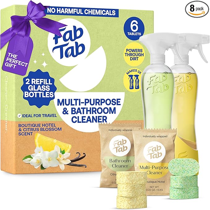 Fab Tab Tablet Cleaner, Multi-Purpose & Bathrom Cleaner for Eco-Concious Cleaning, Non Harmful & Chemical-Free Formula, Convenient Refills with 2 Glass Bottles, Luxury Hotel Scent (6 Refill Tablets)