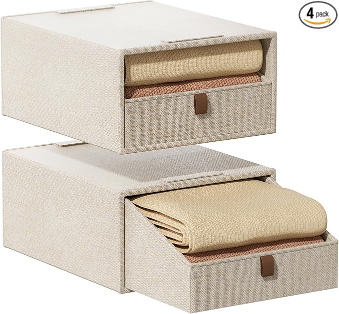 Closet Organizers and Storage 4-Pack Large Storage Bins with Drawers Stackable Fabric Clothes Organizers Storage Box Collapsible Closet Drawers Organizer (Beige, 21L*2)