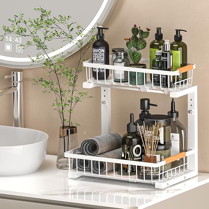 Under Sink Organizer Storage 1 pack, 2 Tier Slide Out Height Adjustable Pull Out Cabinet Organizer Drawers, Kitchen Bathroom Large Capacity Metal Under Sink Rack Caddy Basket Shelves, White