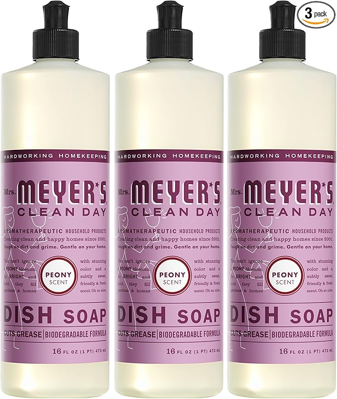 MRS. MEYER'S CLEAN DAY Liquid Dish Soap, Biodegradable Formula, Peony, 16 Fl. Oz - Pack of 3
