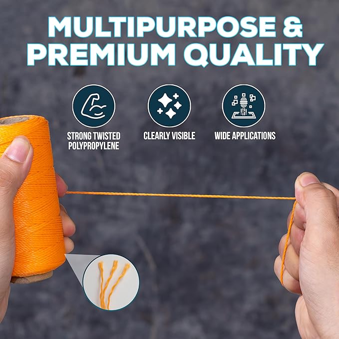 Mason Line String Twisted Twine for Bricklaying, Fencing, Gardening & DIY, 393ft Rolls (Orange, Pink, White, Green) & 262ft Rolls (Set 3 roll and Handle) – 1.3mm Thick Construction Twine