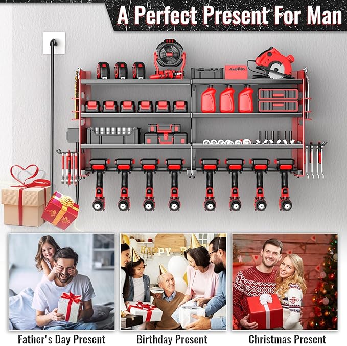 Large Power Tool Organizer Wall Mount with Charging Station, 4 Layer Heavy Duty Metal Cordless Tool Organizer, Tool Storage Rack with 8 Cordless Drill Holder Screwdriver Hammer(Red)