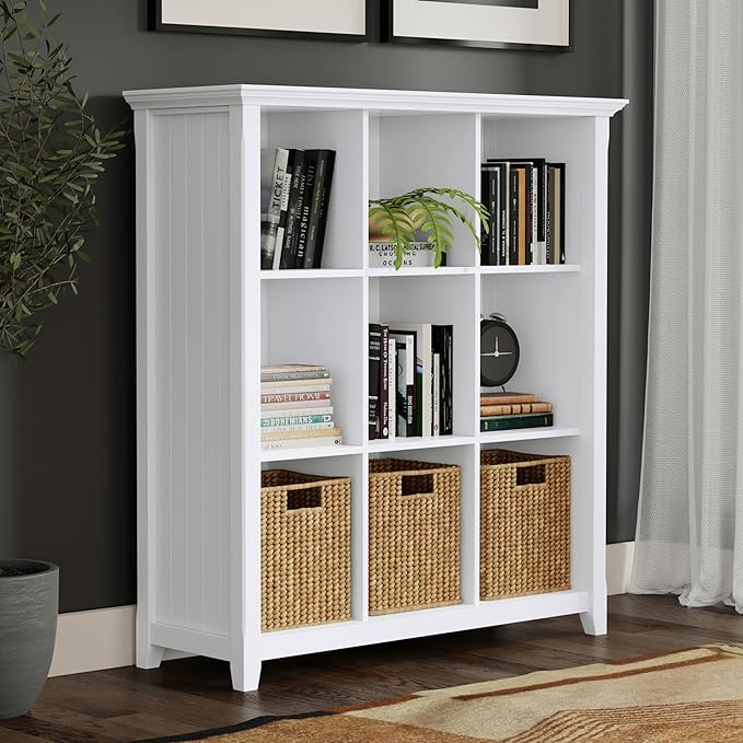 SIMPLIHOME Acadian Bookcase - 44 inch Tall 9-Cube Solid Wood Cube Organizer in White, Transitional Bookcase Storage for Living Room, Study Room or Office with Fixed Shelves and Tapered Legs