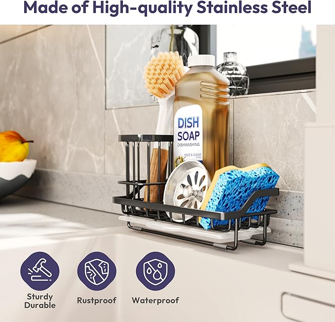 SWTYMIKI Sink Caddy Sponge Holder - Kitchen Sink Organizer with High Brush Holder for Countertop to Hold Dish Soaps and Sponges, Stainless Steel, Black