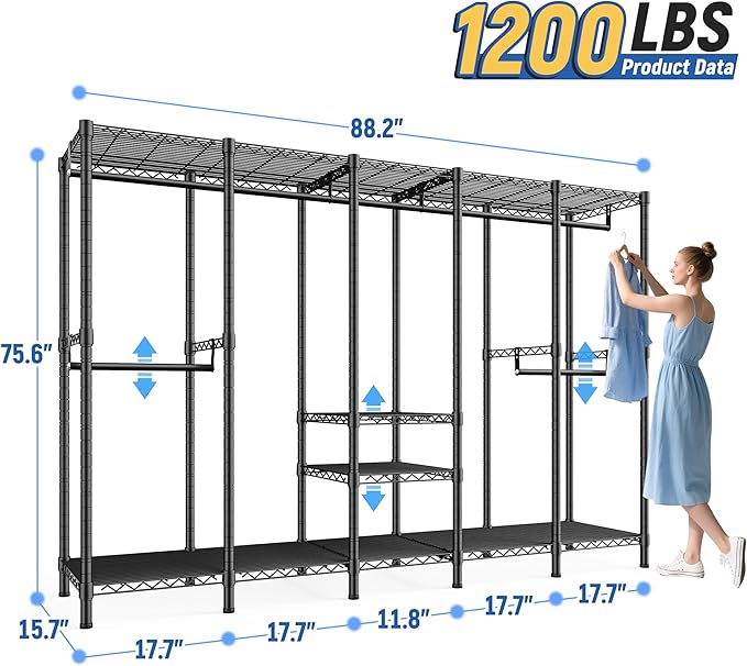 Raybee 88.2" W Clothes Rack Heavy Duty Clothing Racks for Hanging Clothes Extra Wide Portable Closet Loads 1200LBS Freestanding Garment Rack for Bedroom 88.2" W x 75.6" H x 15.7" D, Black