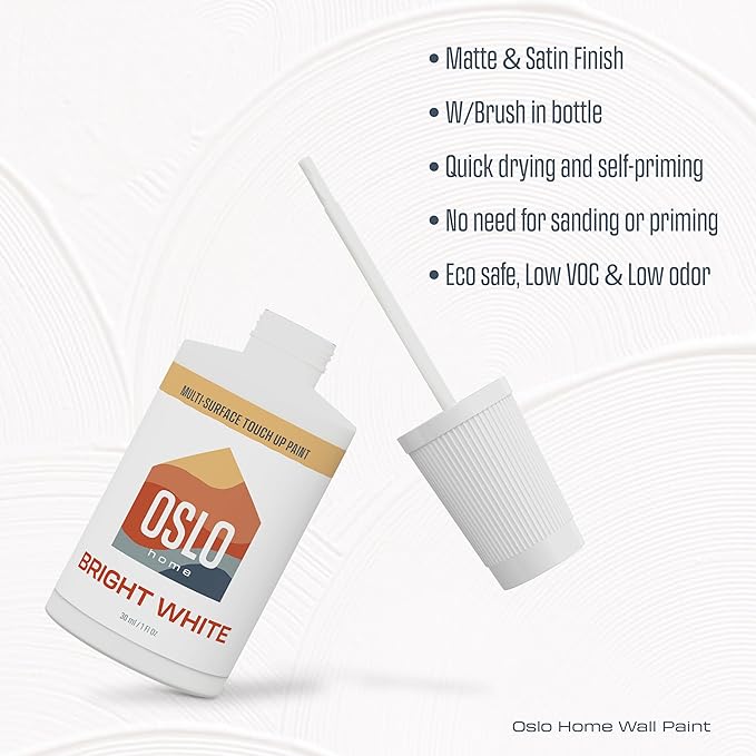 Touch Up Paint, Bright White, 1oz, Satin, w/brush in bottle, Quick drying, for Home repairs, Kitchen Cabinets, Furniture