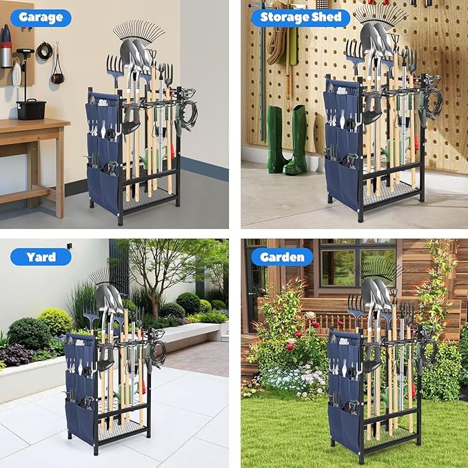 3-Tier Garden Tool Organizer Rack, Heavy Duty Metal Yard Tool Stand for Garage, Shed, Outdoor, Holds Up to 50 Long-Handled Tools, Rakes, Brooms, Shovels