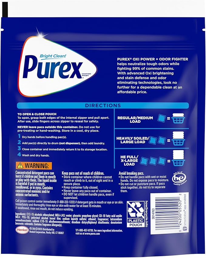 Purex 4-in-1 Laundry Detergent Pacs, Oxi Power + Odor Fighting, Powerful Clean, Stain Defense Technology, Helps Neutralize Odors, Advanced Oxi Brightening, Boost of Freshness