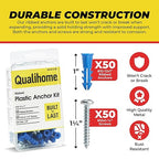 Qualihome Ribbed Plastic Drywall Anchor Kit, Wall Anchors and Screws for Drywall Includes Anchors, & Screws, Mounting Tolls for Decor, Furniture, Shelving (50 Pack, Size: 10-12 x 1")