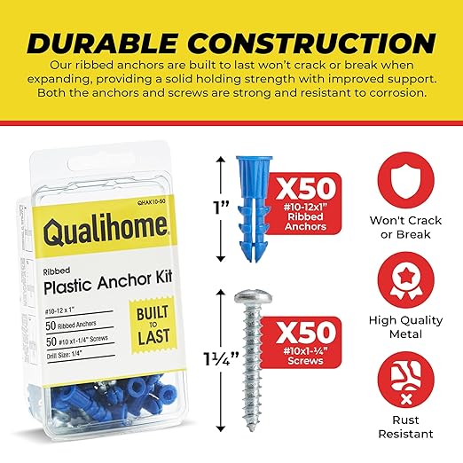 Qualihome Ribbed Plastic Drywall Anchor Kit, Wall Anchors and Screws for Drywall Includes Anchors, & Screws, Mounting Tolls for Decor, Furniture, Shelving (50 Pack, Size: 10-12 x 1")