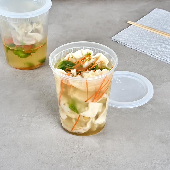 Restaurantware Plastic Food Container 100 Pack of 40 oz Clear Microwave-Safe Storage Container With Lid Leakproof Round Shape Disposable Freezer-Safe