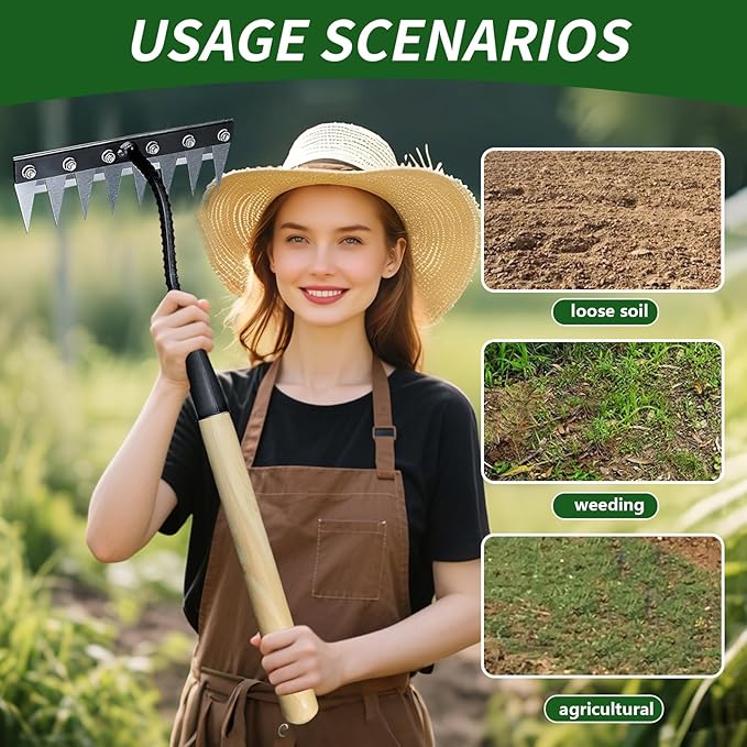 Upgraded Cultivator rake, Spray-Coated Rust-Proof Manganese Steel Weed rake, and 8-Tines Garden Weed Puller Tool with Wooden Handle — All for Lawn and Garden, Ideal gardinia uprooting Tool.