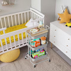 DTK 3 Tier Rolling Utility Cart with Cover Top Board, Movable Kitchen Storage Cart Trolley with Lockable Wheels, Cups, Hooks for Kitchen Bathroom Home Office Art Craft Storage and Organization(Grey)