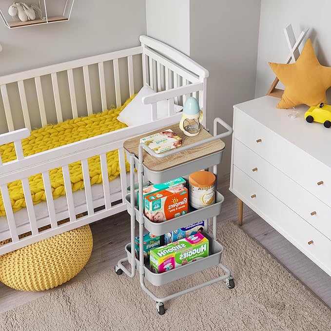 DTK 3 Tier Rolling Utility Cart with Cover Top Board, Movable Kitchen Storage Cart Trolley with Lockable Wheels, Cups, Hooks for Kitchen Bathroom Home Office Art Craft Storage and Organization(Grey)