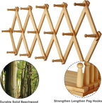 Dseap Accordian Wall Hanger: 16” High Wooden Wall Expandable Coat Rack, Hat Rack Holder, Accordion Hook for Baseball Caps, Coats, Mugs, 16 Peg Hooks, Natural
