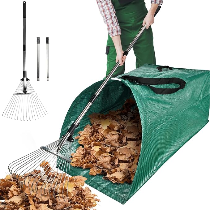 60Gallon Leaf Collector and Adjustable Metal Rake Set,Detachable 18 Tines Leaf Rake with Dustpan-Type Leaf Bag,Leaves Pick up Tool Set,Lawn and Leaf Collector Tool Kit for Lawn Yard Leaves,Shrub,Grass