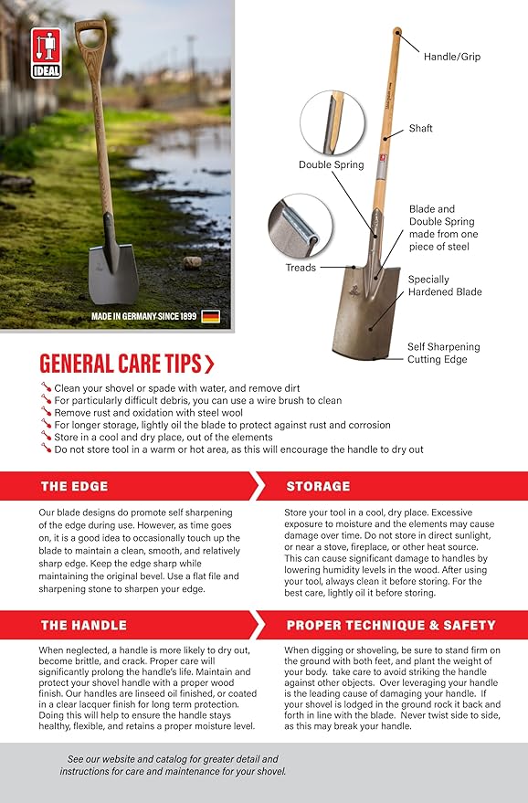IDEALSPATEN - Made in Germany Since 1899 - Bremen Rounded Spade - Professional Midsize Spade for Digging, Ash D Handle 5.75lb - 45 in (Bremen)#IS120