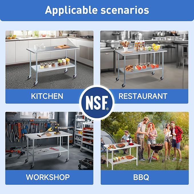 ROCKPOINT Stainless Steel Table for Prep & Work with Backsplash 14x30 Inches, NSF Metal Commercial Kitchen Heavy Duty Table with Adjustable Under Shelf and Table Foot for Restaurant, Home and Hotel
