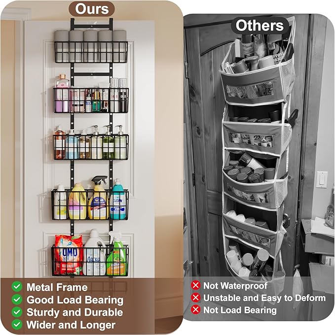 Adjustable Over The Door Organizer, Metal Hanging Door Organizer with 5 Wire Basket 7 Hooks, Wall Mounted Shelf for Pantry Laundry Organization and Storage, Black