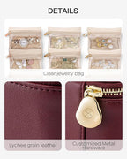 Vlando Jewelry Travel Case,Travel Jewelry Organizer with Clear Velvet Jewelry Bags 6Pcs Zipper Pouch for Women-Red