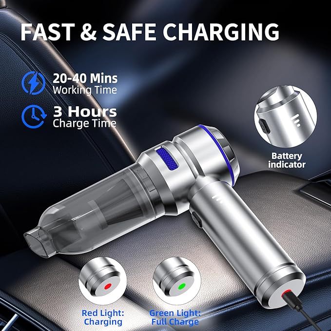 Portable Car Vacuum - 22000PA Cars Vacuum Cleaner High Power 4 in 1 Compressed Air Duster & Air Blower & Pump Hand Held Vacuums Cordless with Brushless Motor for Car Home Office Blue