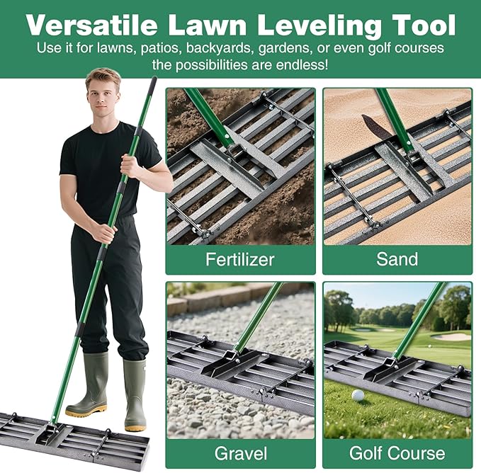 30"x10" Lawn Leveling Rake, Heavy Duty Lawn Leveler with 33"-77" Adjustable Handle, Foldable Ground Leveling Tool for Soil, Sand, Gravel, Ergonomic Design for Lawns, Golf Courses and Backyards