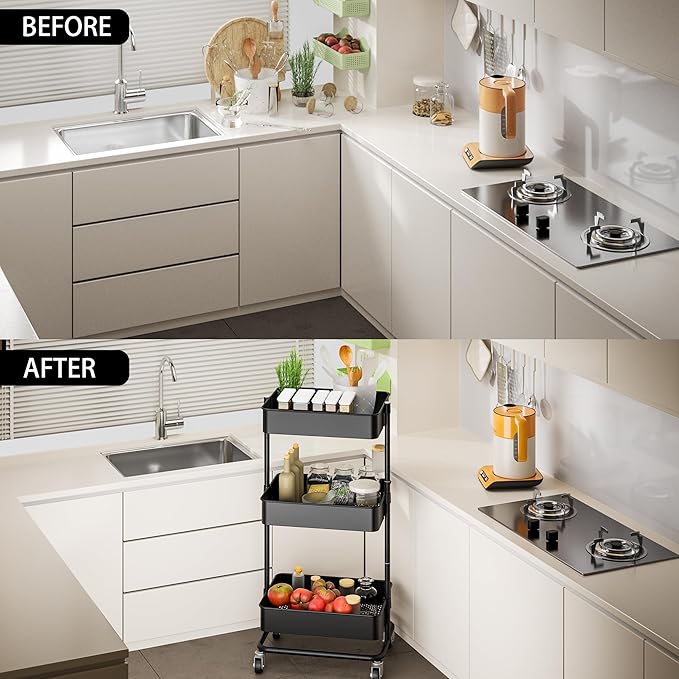 TECBOT 3 Tier Metal Rolling Cart with Wheels, Utility Storage Cart with Handle and Lockable Casters, Storage Basket Organizer Shelves, Easy Assemble for Kitchen, Living Room, Office, Nursery, Black