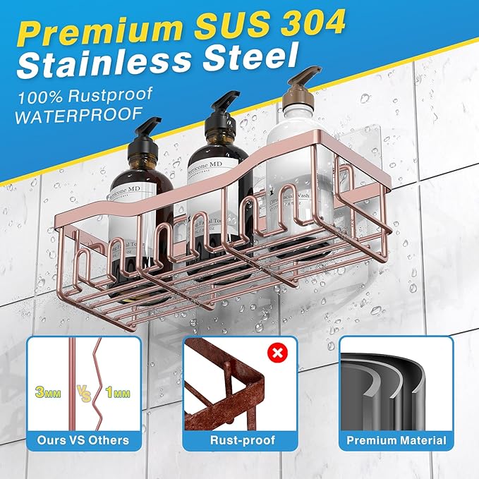 5-Pack Rustproof Stainless Steel Shower Caddy – No Drill Adhesive Bathroom Organizer with Large Capacity, Spacious Shower Shelves for Inside Shower, Kitchen & Home Decor Storage-XL Size