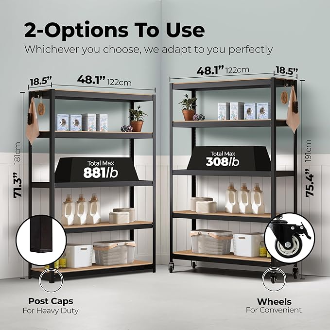 HOMEDANT House 5-Tier Metal Boltless Rolling Cart Shelf Rack Casters Heavy Duty Wheel Shelving Unit Adjustable Utility Storage Shelves Organizer Shelf Kitchen Garage 48.1" W x 18.5" D x 75.4" H 2Pack
