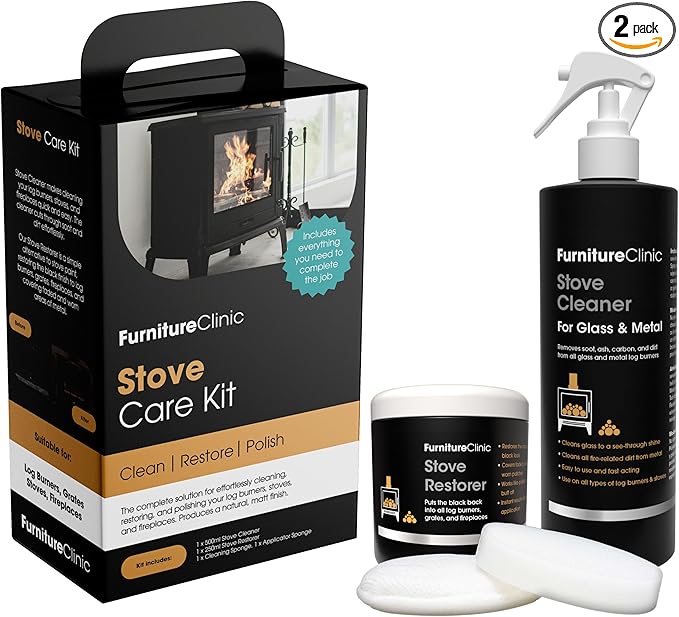 Furniture Clinic Stove Care Kit – Clean & Restore Log Burners, Grates, & Fireplaces | Removes Soot & Dirt | One Bottle Glass & Metal Cleaner + Stove Polish | 500ml / 17 Fl Oz Each Bottle
