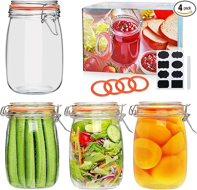 Encheng 32 oz Wide Mouth Mason Jars with Airtight Hinged Lids, Large Glass Jar with Lid for Pickling, Fermentation, Canning, Food Storage – Set of 4 Glass Storage Containers