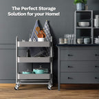 KoolerThings 3-Tier Rolling Metal Storage Organizer - Mobile Utility Rolling Storage Cart, Kitchen Cart with Caster Wheels (Grey)