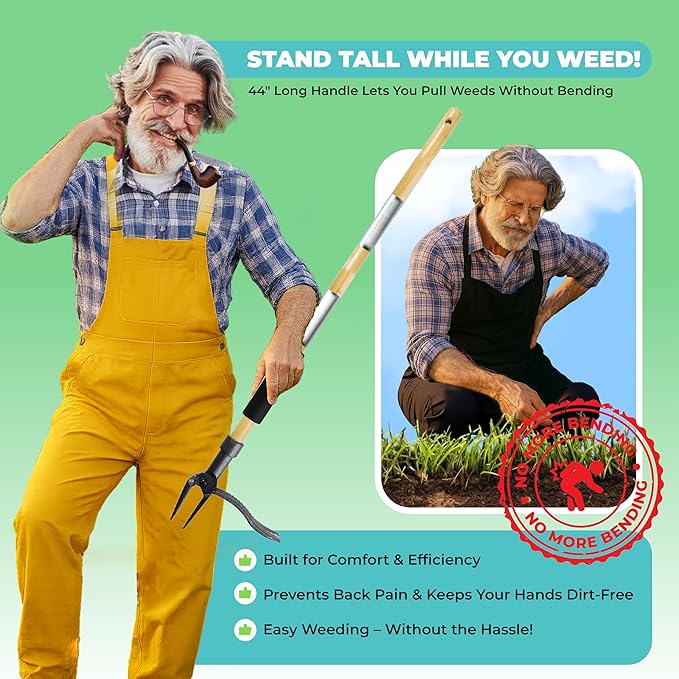 Weed Puller Tool, Stand Up Heavy Duty Weed Remover with Long Bamboo Handle, 4 Claw Steel Head Garden Weeding Tool, Crabgrass & Root Puller for Easy Lawn Weed Removal Without Bending or Kneeling.