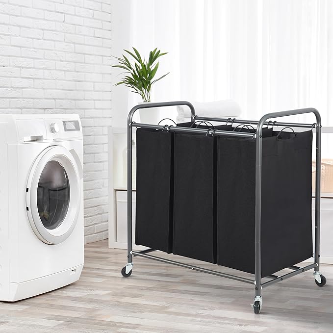 STORAGE MANIAC 3 Section Laundry Sorter, 35.9 Gal (136 L) Laundry Hamper Cart with Heavy Duty Rolling Lockable Wheels and Removable Bags, Clothes Organizer Basket Clothes Separator Hamper, Black