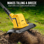 Powerful Cordless Tiller Cultivator with 720RPM Brushless Motor, 2x5.0Ah Batteries&1.5A Fast Charger, 10In Tilling Width and 7In Depth, Super Power Electric Garden Tiller Battery Powered