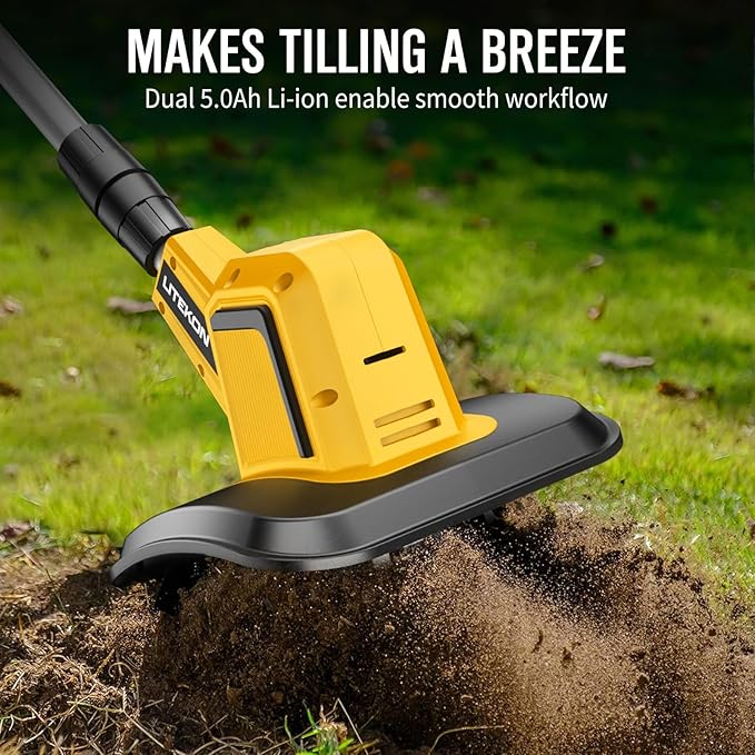 Powerful Cordless Tiller Cultivator with 720RPM Brushless Motor, 2x5.0Ah Batteries&1.5A Fast Charger, 10In Tilling Width and 7In Depth, Super Power Electric Garden Tiller Battery Powered