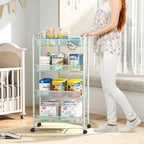 TOOLF 4-Tier Rolling Cart, Metal Utility Cart with 3 Hooks, Easy Assemble Mobile Storage Trolley On Wheels, Metal Shelving Units Kitchen Bathroom Laundry Room