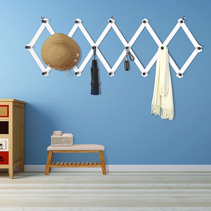 Dseap Accordian Wall Hanger: 16” High Wooden Wall Expandable Coat Rack, Hat Rack Holder, Accordion Hook for Baseball Caps, Coats, Mugs, 16 Peg Hooks, White & Black