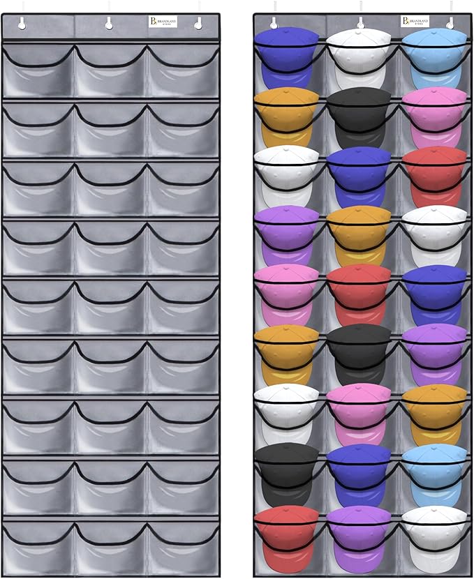Brandland Hat Organizer for Baseball Caps – 27 Clear Pockets Over-the-Door Rack – Space-Saving Cap Holder Organizer for Hats, Visors, and Accessories – Gray