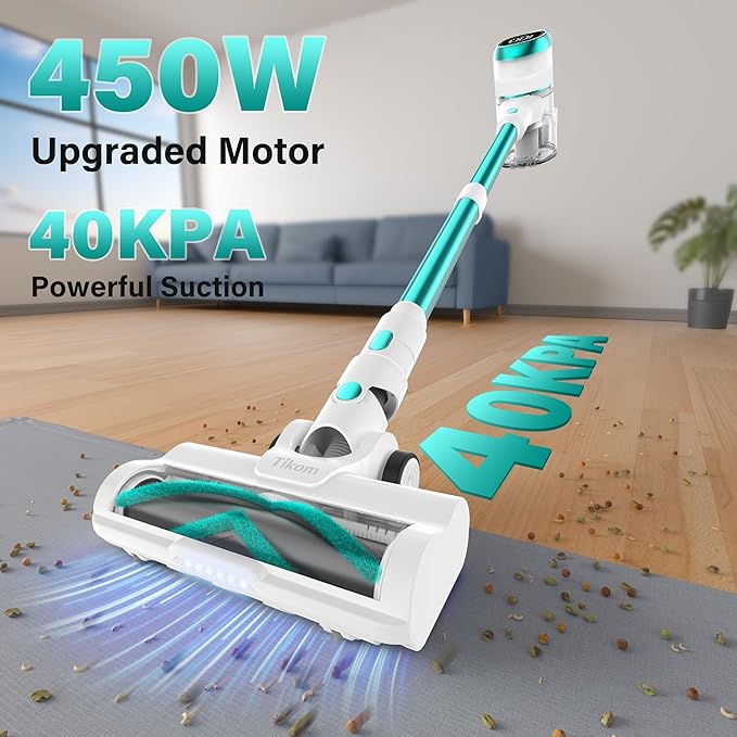 Tikom V500 Cordless Vacuum Cleaner for Home, 40000Pa/450W Stick Vacuum with LED Touch Screen, Charging Wall Dock, Anti-Tangle, Lightweight Handheld Vacuum for Pet Hair, Hard Floor, Carpet, Blue