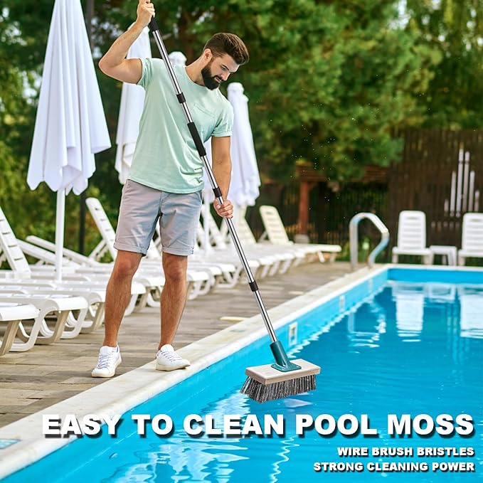 Push Broom Brush Stainless Steel Wire Scrub Brush with Long Handle for Moss, Tough Stains on Deck, Grout, Garage, Patio