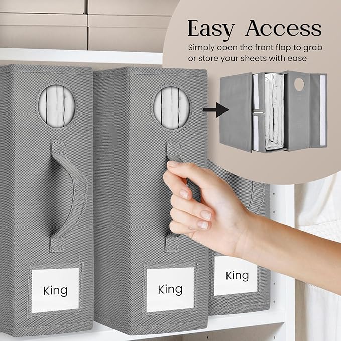 2 Pack Bed Sheet Organizer and Storage, Foldable Storage Organizer for Linen Closet with Viewing Window & Label for Bedding Sheets & Blankets (Queen & King Size) Gray