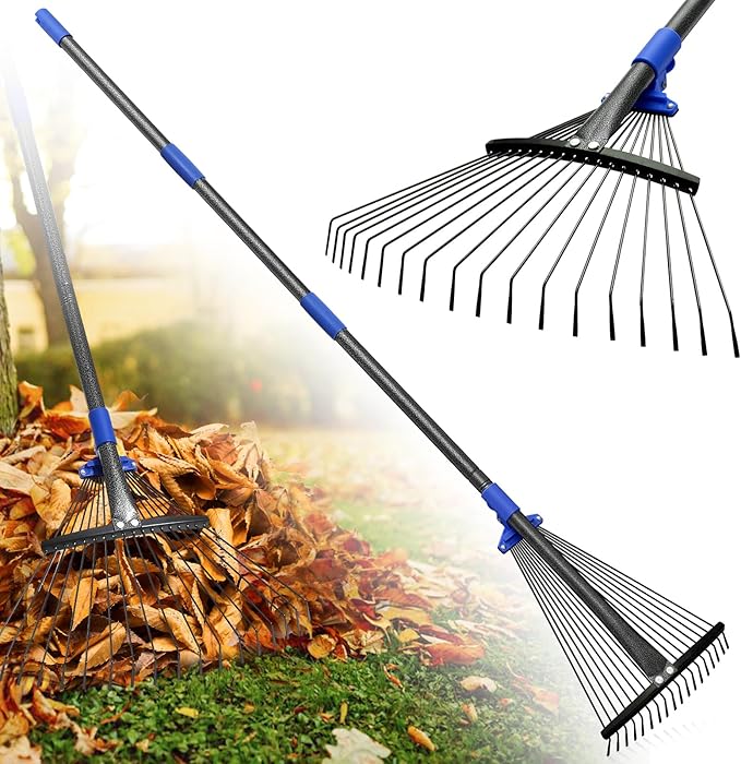 Rake for Leaves: Adjustable Metal Leaf Rake for Lawn, 8-17" Expandable Head, 45” Long Handle,Collapsible Heavy Duty Women Kids Garden Rakes for Yard Pine Needles Mulch Grass Debris Gardening Camping