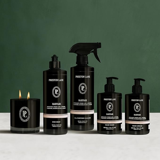 Signature Set, Includes All Purpose Cleaner, Dish Soap, Hand Wash, Hand Cream, & Scented Candle, Mayfair