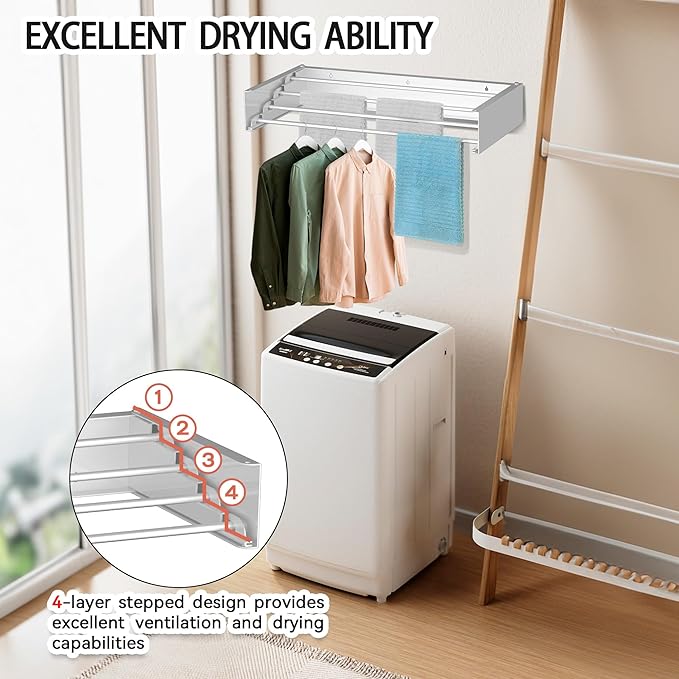FOCHIER F Laundry Drying Rack Wall Mounted Clothes Drying Rack Collapsible with 4 Aluminum Rods and Drilling Template Long Screwdriver Bit 60 lbs Capacity (White, 23.6")