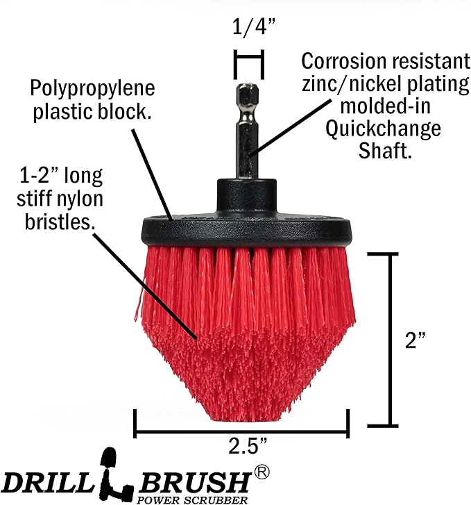 Drillbrush Red Stiff Nylon Bristle Cleaning Brush Set - 5 Piece Drill Attachment Kit - Floor, Roof Cleaner - Household Tools