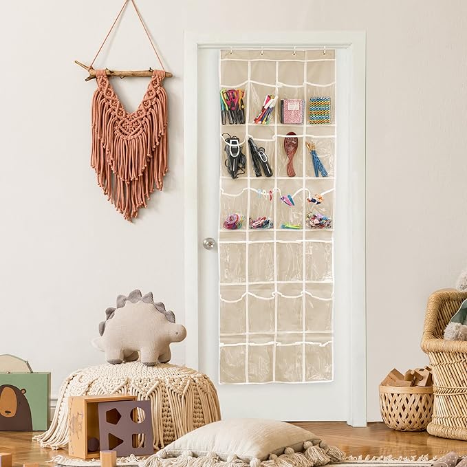 SIMPLE HOUSEWARE 24 Pockets - Crystal Clear Over The Door Hanging Shoe Organizer, Beige (64'' x 19'')